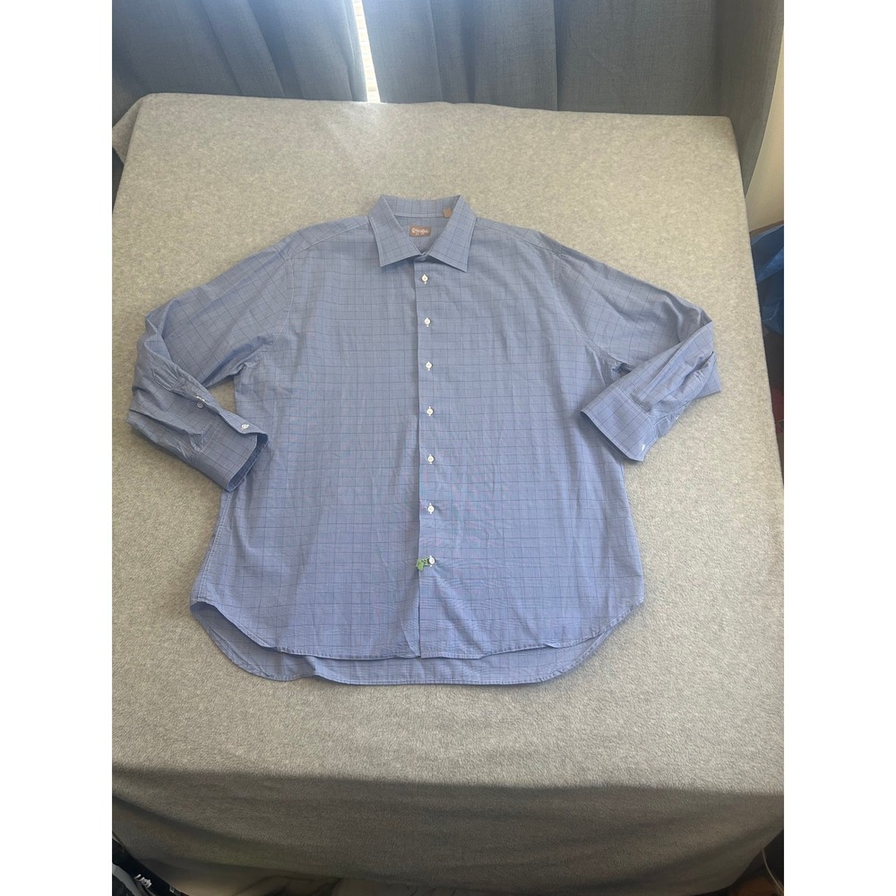 Gitman Bros Dress Shirt Mens 19 34 Blue Windowpane Plaid Check Business Made USA